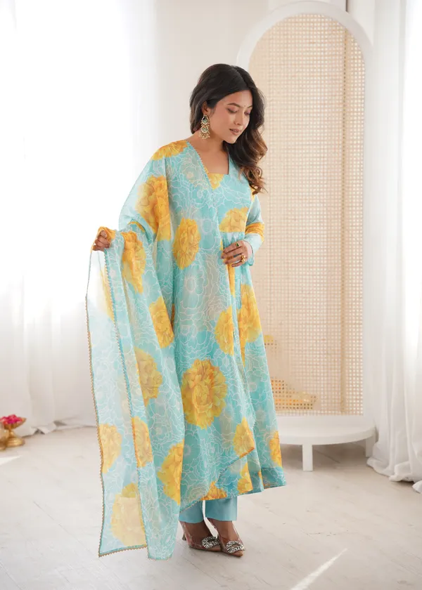 Sky_Blue_And_Yellow_Floral_Print_Anarkali_Kurta_Set_With_Dupatta_For_Women
