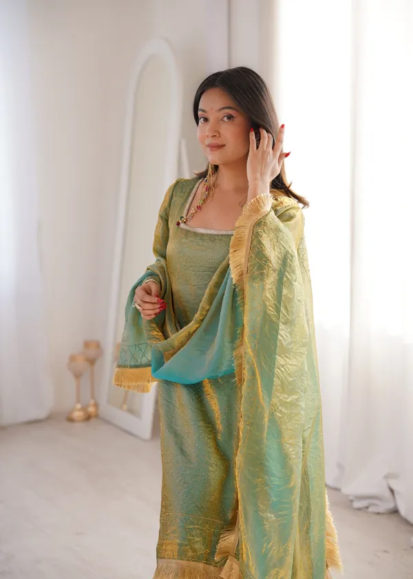 Green_Traditional_Ethnic_Wear_Silk_Kurta_Set_With_Golden_Border_Dupatta_For_Women