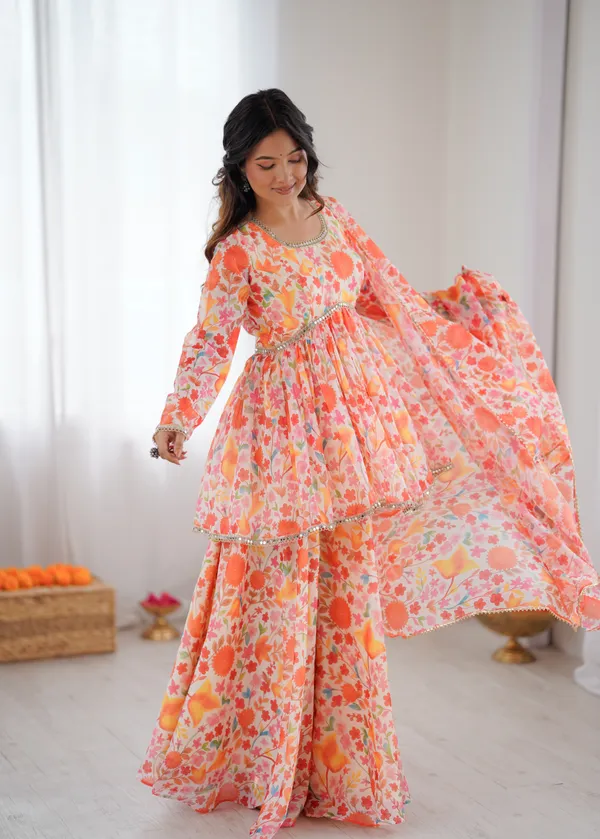 Multicolor_Floral_Print_Peplum_Top_And_Sharara_Set_With_Dupatta_For_Women