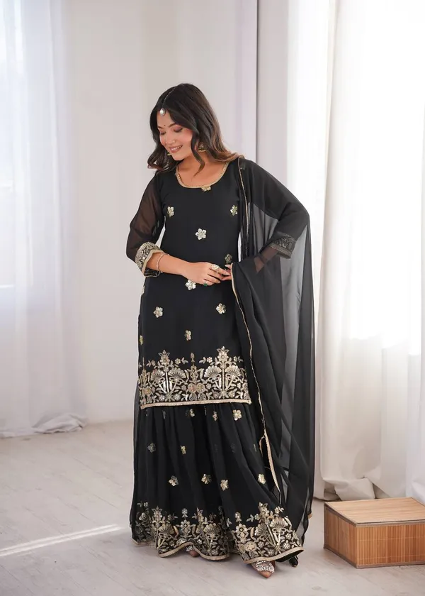 Black_Georgette_Sharara_Suit_Set_With_Golden_Embroidery_And_Dupatta_For_Women