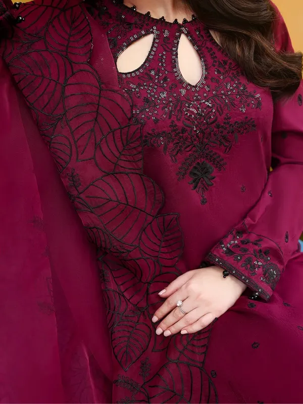 Wine_Embroidered_Kurta_Set_with_Palazzo_&_Organza_Dupatta