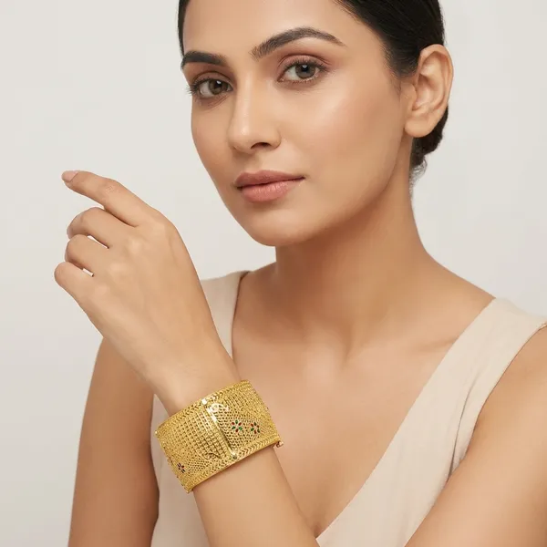 Traditional_Gold_Plated_Mesh_with_Peacock_Design_Bangle__For_Women