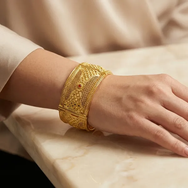 Traditional_Gold_Plated_Mesh_Design_Kada_with_Red_Stone_Accent_Bangle__For_Women