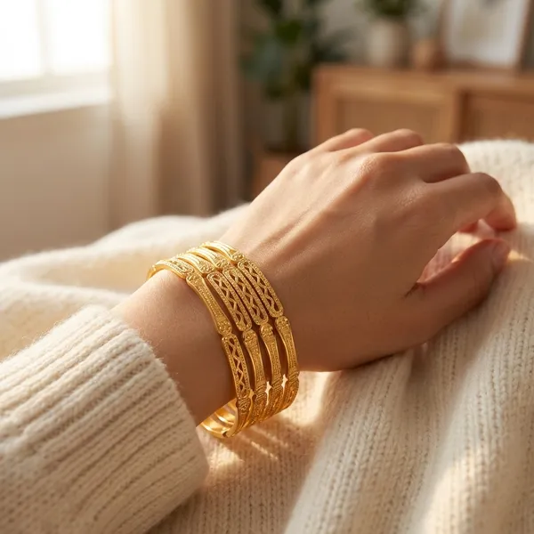 Gold_Plated_Textured_Bangle_Set__For_Women