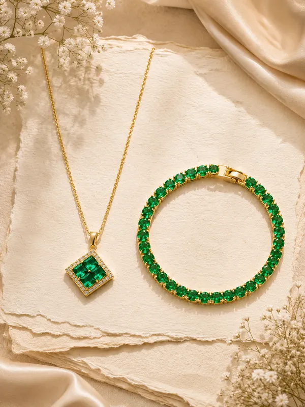 Disigo_Emerald_Eternity_Set:_Quad_Pendant_Necklace_&_Tennis_Bracelet
