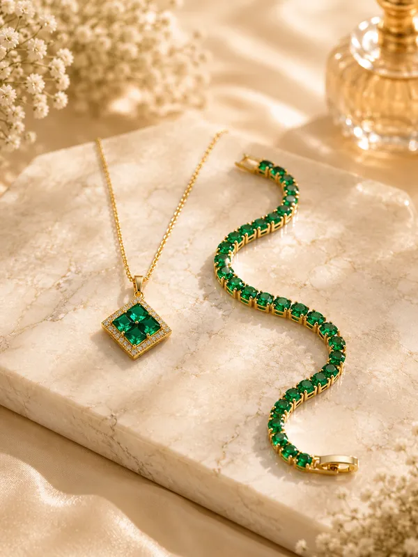 Disigo_Emerald_Eternity_Set:_Quad_Pendant_Necklace_&_Tennis_Bracelet