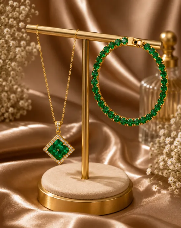 Disigo_Emerald_Eternity_Set:_Quad_Pendant_Necklace_&_Tennis_Bracelet