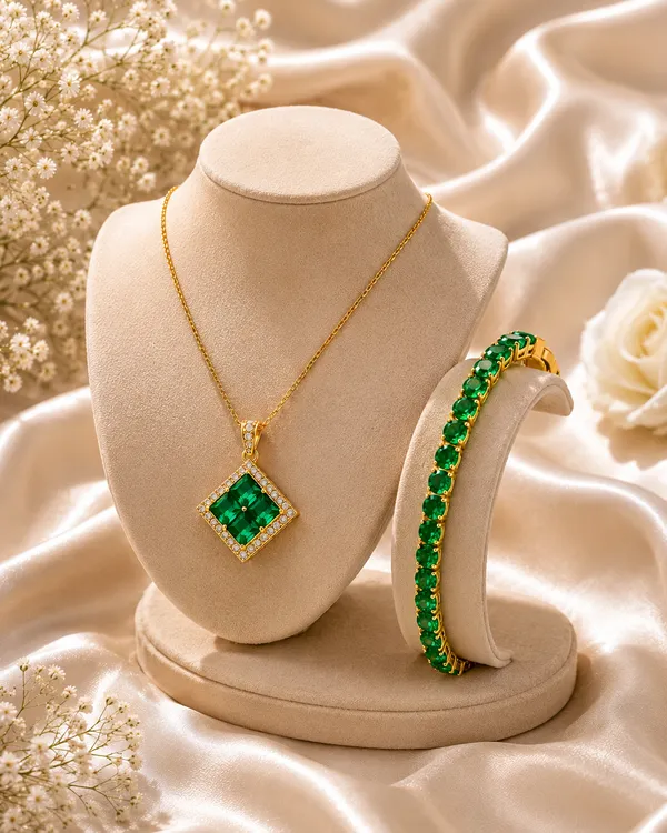 Disigo_Emerald_Eternity_Set:_Quad_Pendant_Necklace_&_Tennis_Bracelet