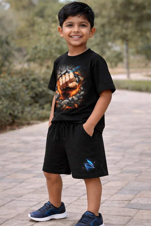 Kids_Black_Printed_T-Shirt_And_Shorts_Set_-_Fiery_Fist_Design