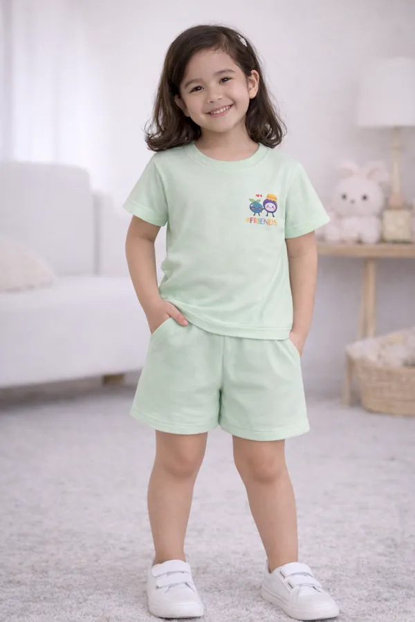 Mint_Green_Friends_Print_T-Shirt_&_Shorts_Set_For_Kids