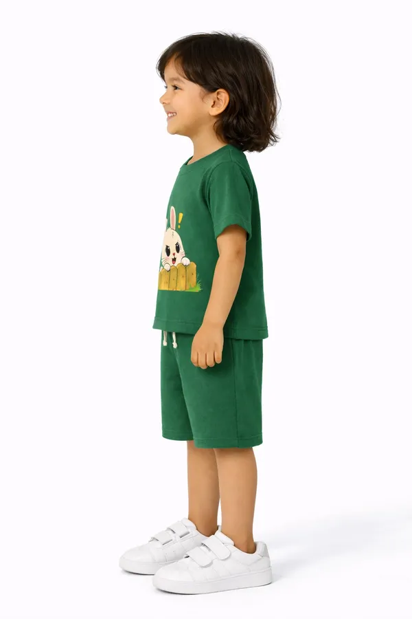 Green_Bunny_Print_Kids_Cotton_T-Shirt_And_Shorts_Set