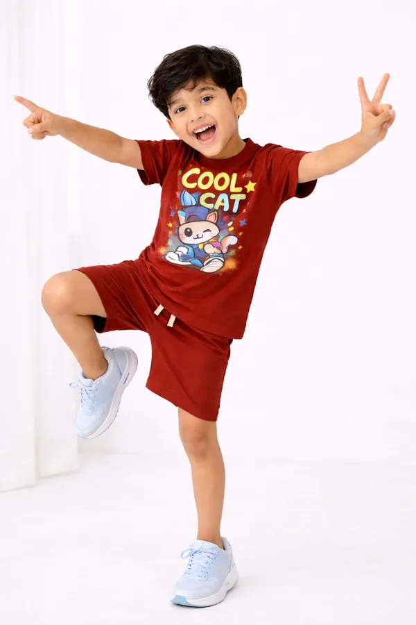 Cool_Cat_Maroon_Boys_T-Shirt_And_Shorts_Set