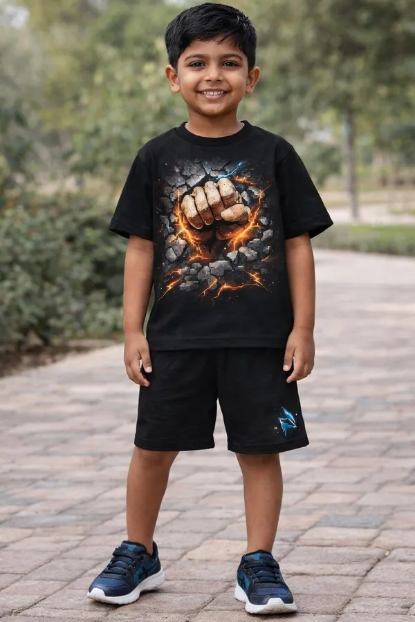 Kids_Black_Printed_T-Shirt_And_Shorts_Set_-_Fiery_Fist_Design