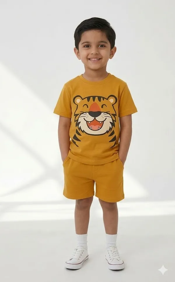 Boys_Yellow_Tiger_Print_T-Shirt_And_Shorts_Set