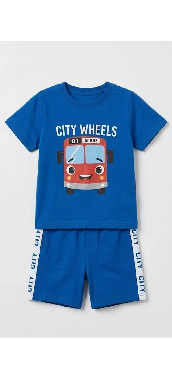 City_Wheels_Bus_Print_Boys_T-Shirt_And_Shorts_Set_-_Blue
