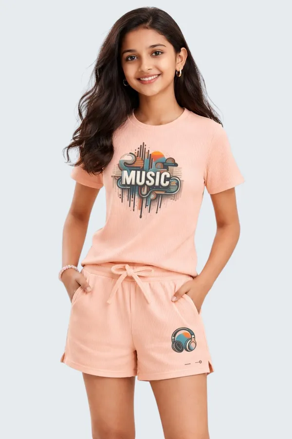 Girls_Peach_Music_Print_T-Shirt_And_Shorts_Co-Ord_Set