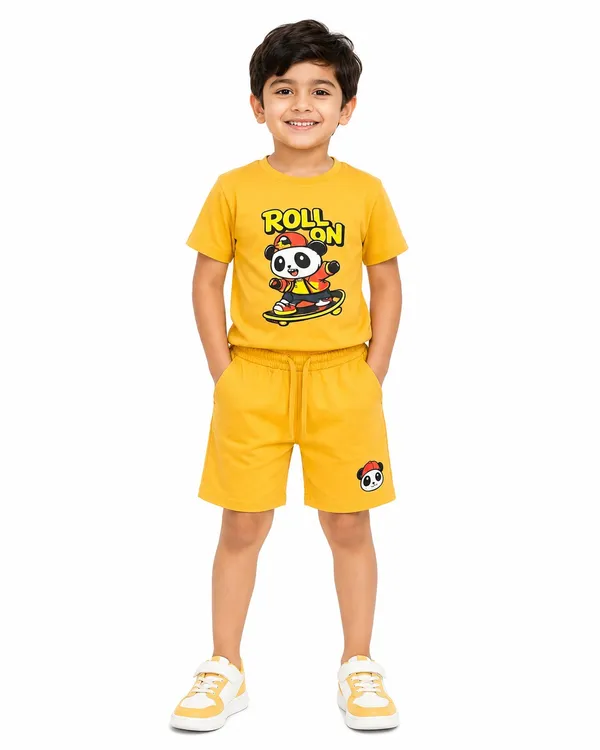 Boys_Mustard_Yellow_Roll_On_Panda_Skateboard_Print_T-Shirt_And_Shorts_Set