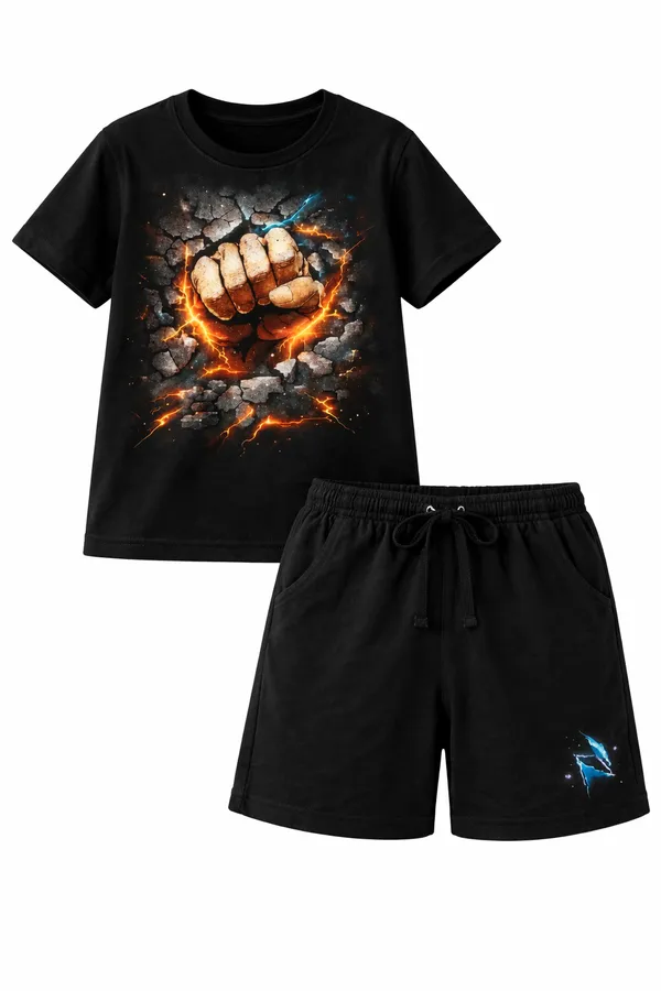 Kids_Black_Printed_T-Shirt_And_Shorts_Set_-_Fiery_Fist_Design