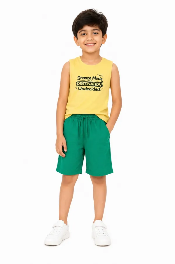 Unisex_Yellow_Sleeveless_Top_&_Green_Shorts_Set_-_Snooze_Mode_Destination_Undecided