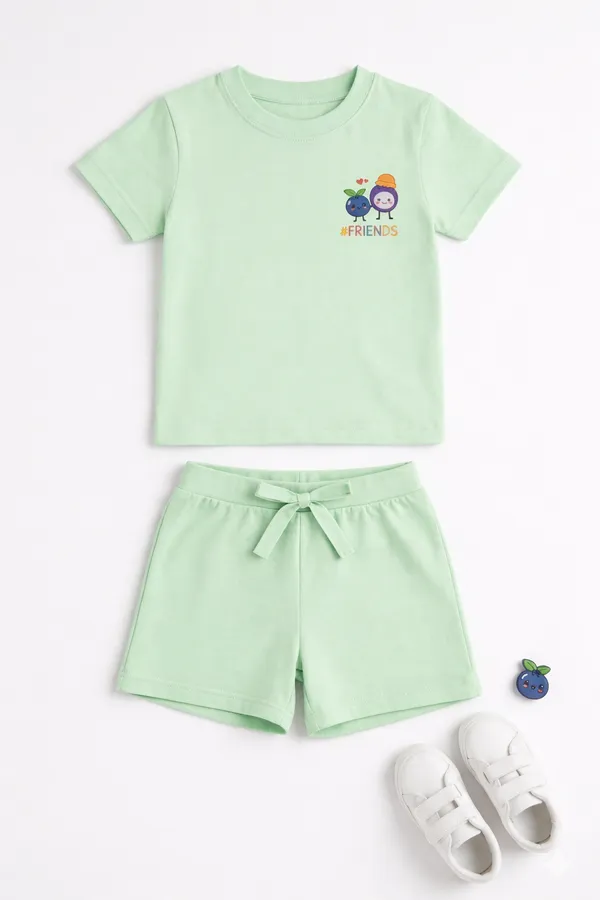 Mint_Green_Friends_Print_T-Shirt_&_Shorts_Set_For_Kids