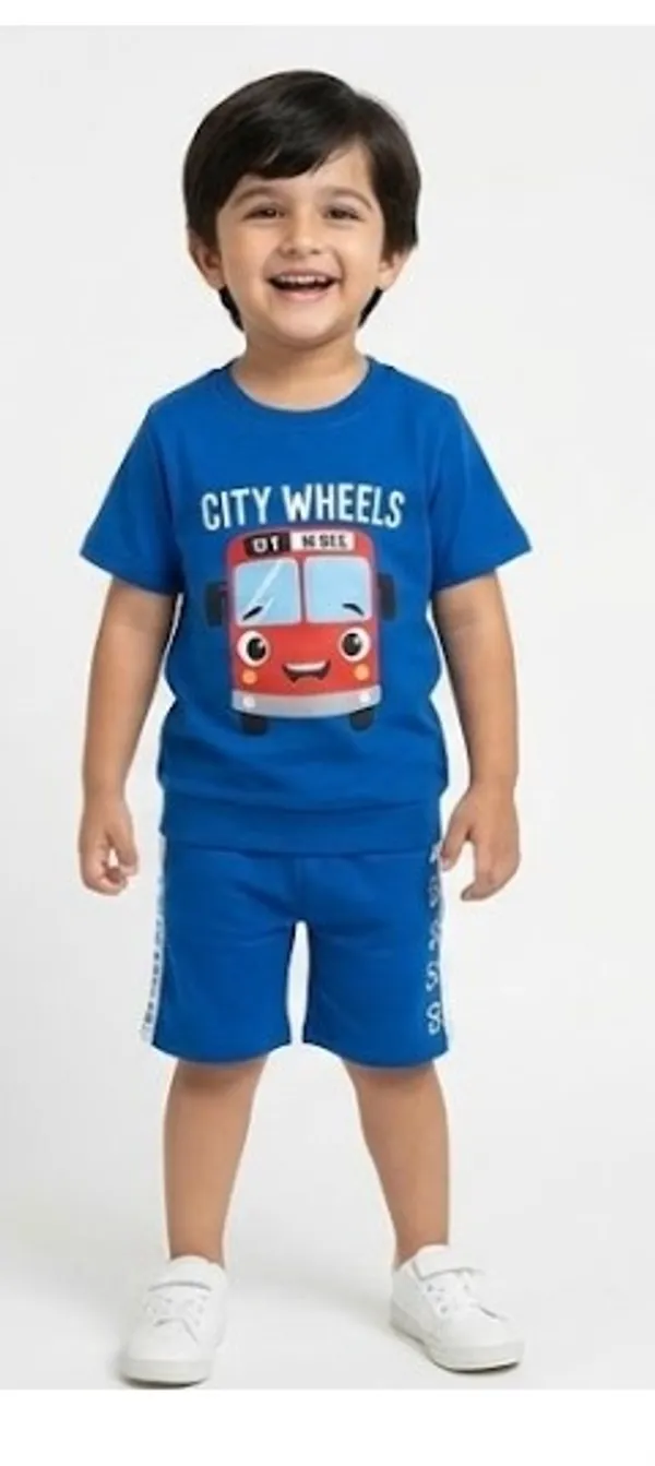 City_Wheels_Bus_Print_Boys_T-Shirt_And_Shorts_Set_-_Blue