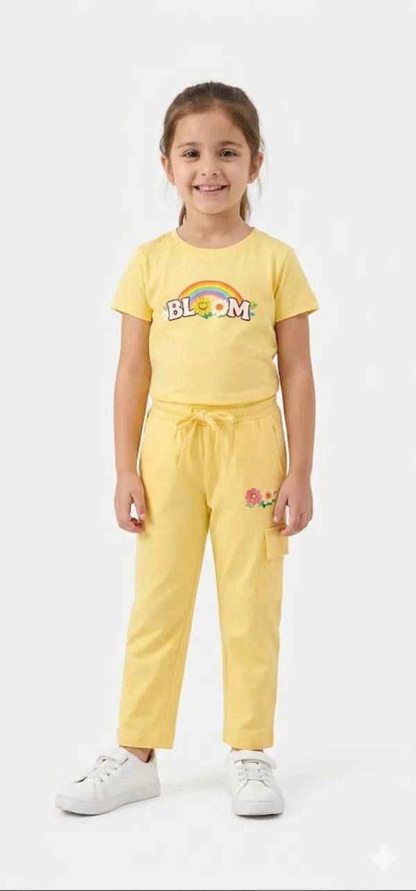 Yellow_Bloom_Rainbow_Graphic_Print_Tracksuit_Set_For_Girls