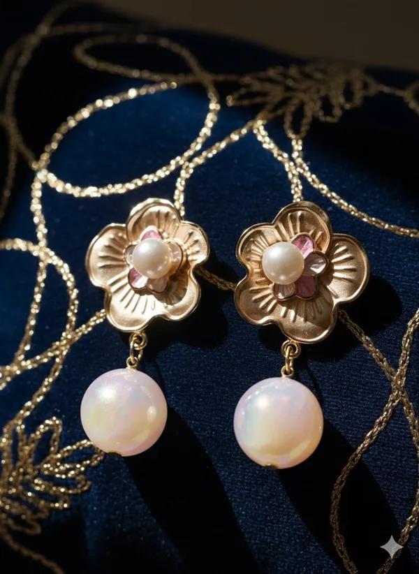Pink_Floral_Pearl_Drop_Earrings_For_Women