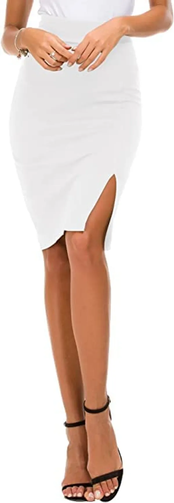 Alyne_Girl'S/Women'S_Solid_Sidecut_Stretchy_Bodycon_Pencil_Midi_Skirt_With_Elasticated_Waist_Belt_(Xs,_White)