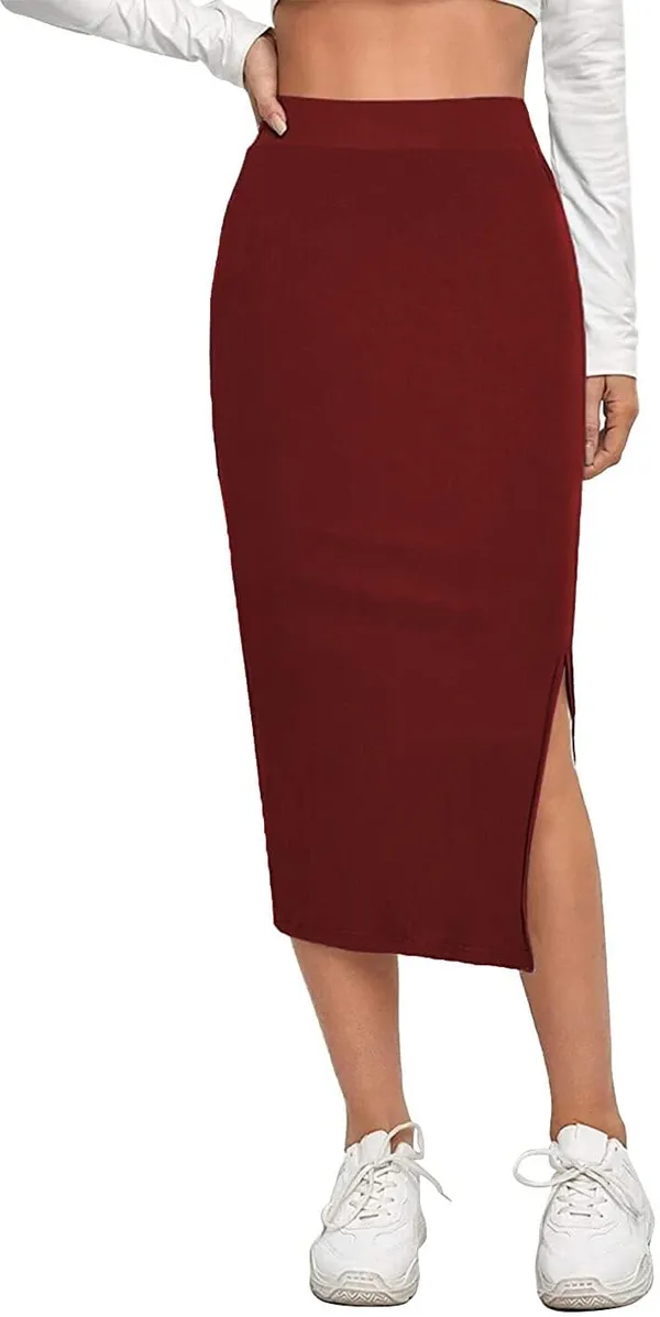 Alyne_Women'S_Elastic_Waist_Pencil_Bodycon_Midi_Skirt_-_High_Waisted_With_Side_Slit_Below_Knee_Length_Elegance_For_Women_Maroon