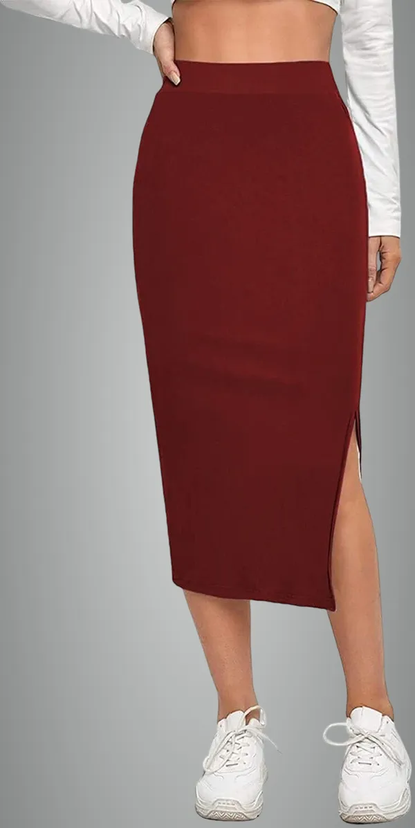 Alyne_Women'S_Elastic_Waist_Pencil_Bodycon_Midi_Skirt_-_High_Waisted_With_Side_Slit_Below_Knee_Length_Elegance_For_Women_Maroon