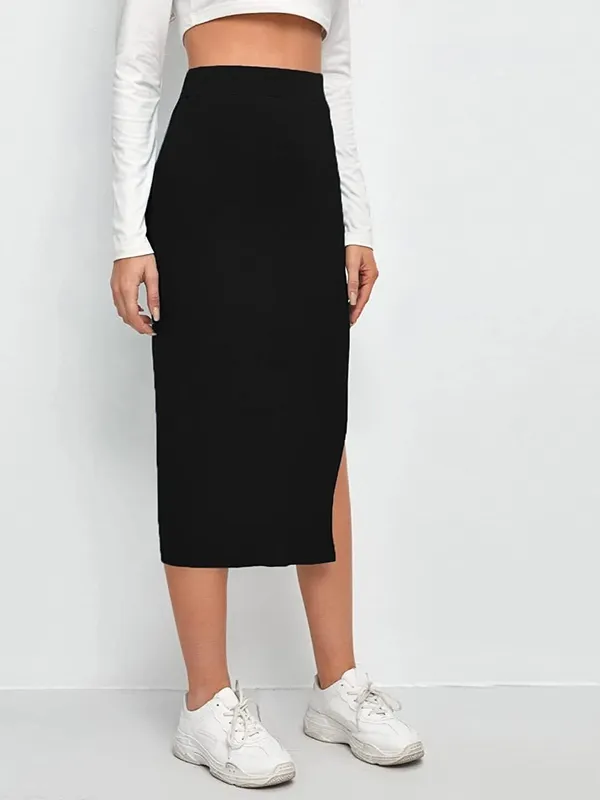 Alyne_Women'S_Elastic_Waist_Pencil_Bodycon_Midi_Skirt_-_High_Waisted_With_Side_Slit_Below_Knee_Length_Elegance_For_Women_Black