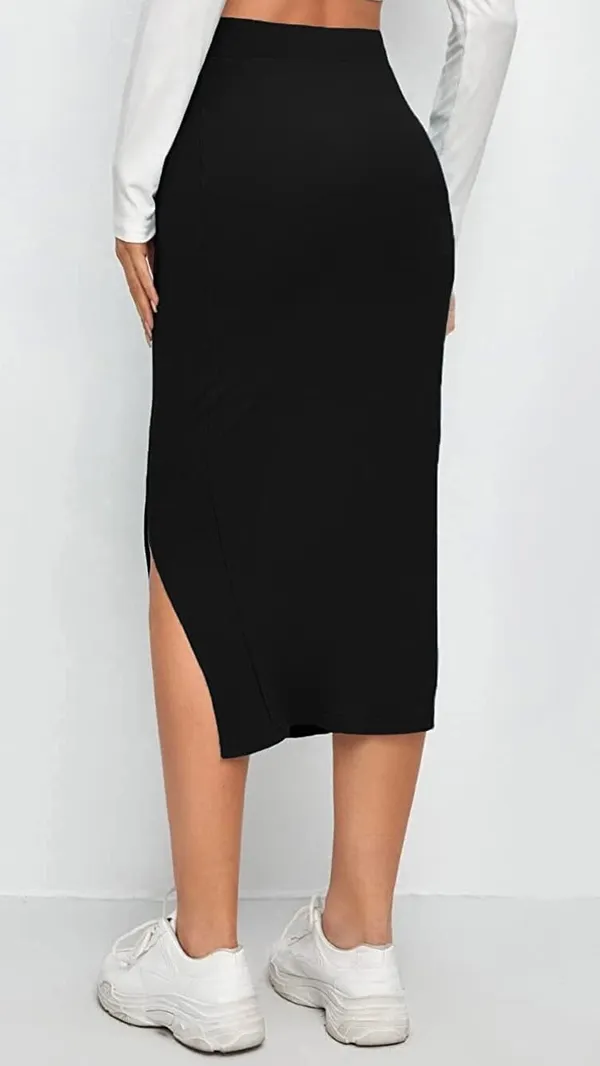 Alyne_Women'S_Elastic_Waist_Pencil_Bodycon_Midi_Skirt_-_High_Waisted_With_Side_Slit_Below_Knee_Length_Elegance_For_Women_Black