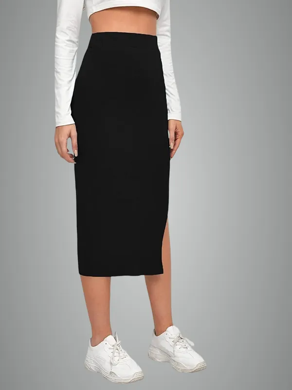 Alyne_Women'S_Elastic_Waist_Pencil_Bodycon_Midi_Skirt_-_High_Waisted_With_Side_Slit_Below_Knee_Length_Elegance_For_Women_Black