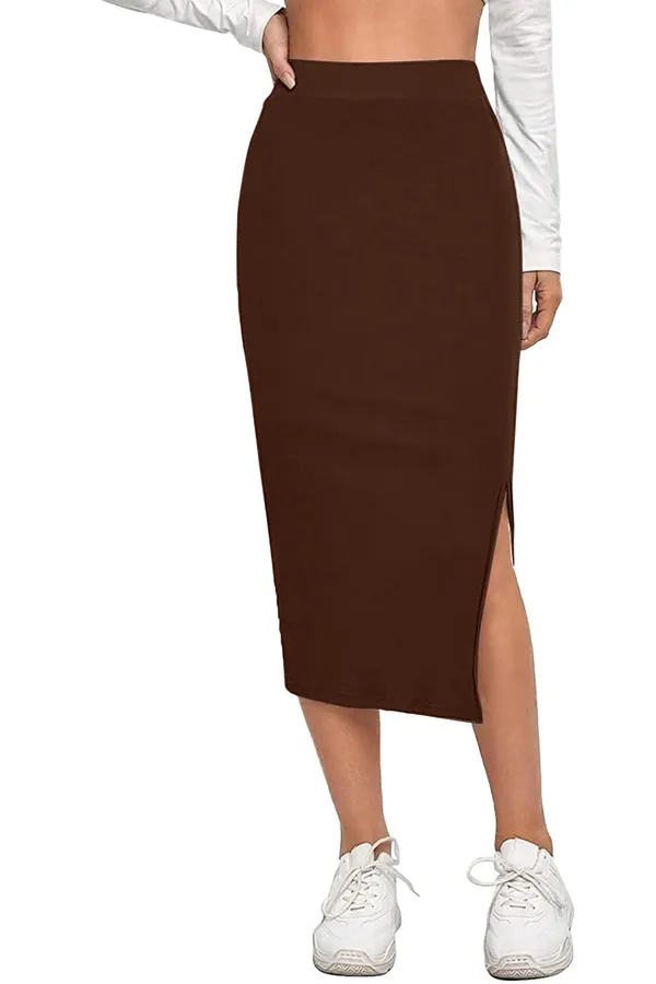 Alyne_Women'S_Elastic_Waist_Pencil_Bodycon_Midi_Skirt_-_High_Waisted_With_Side_Slit_Below_Knee_Length_Elegance_For_Women_Brown