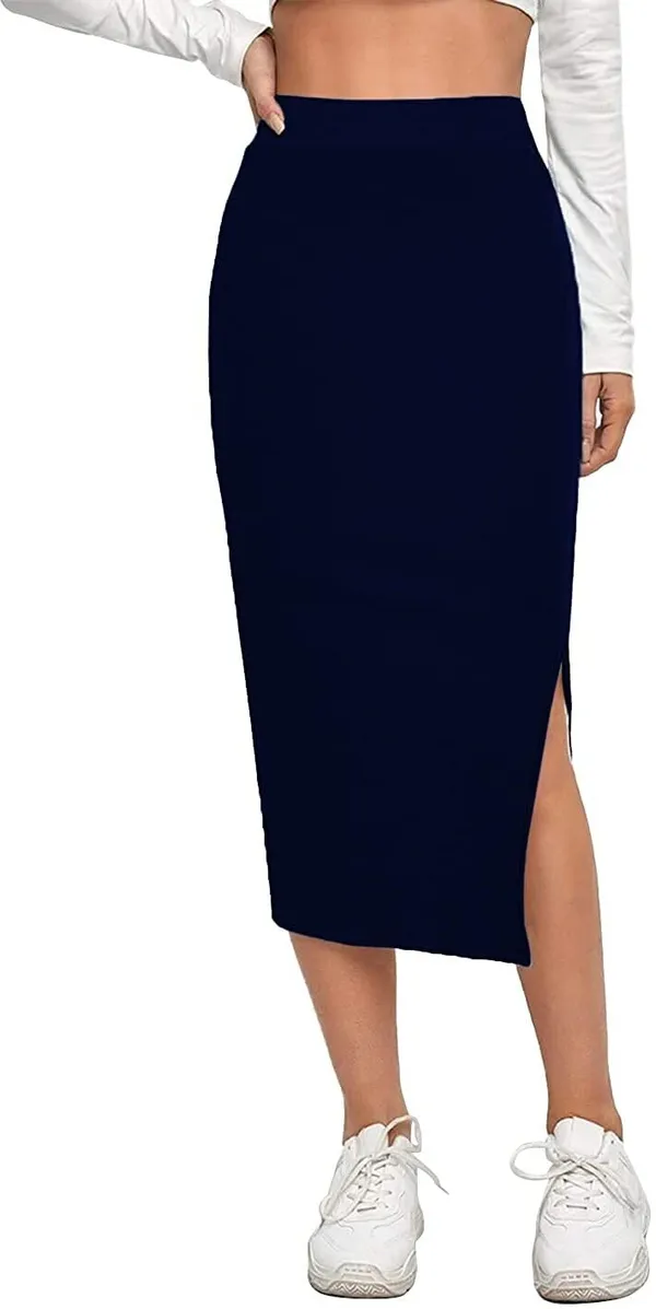 Alyne_Women'S_Elastic_Waist_Pencil_Bodycon_Midi_Skirt_-_High_Waisted_With_Side_Slit_Below_Knee_Length_Elegance_For_Women_Navy