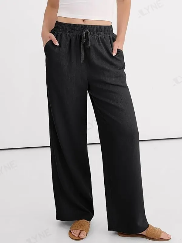 Alyne_Women'S_Wide_Leg_Palazzo_Pants:_Casual_Look_High_Waisted_Trousers_For_Year-Round_Wear_-_Loose_Flowy_Textured_Lounge_Pants_With_Pockets,_Elastic_Drawstring_Waist_Black