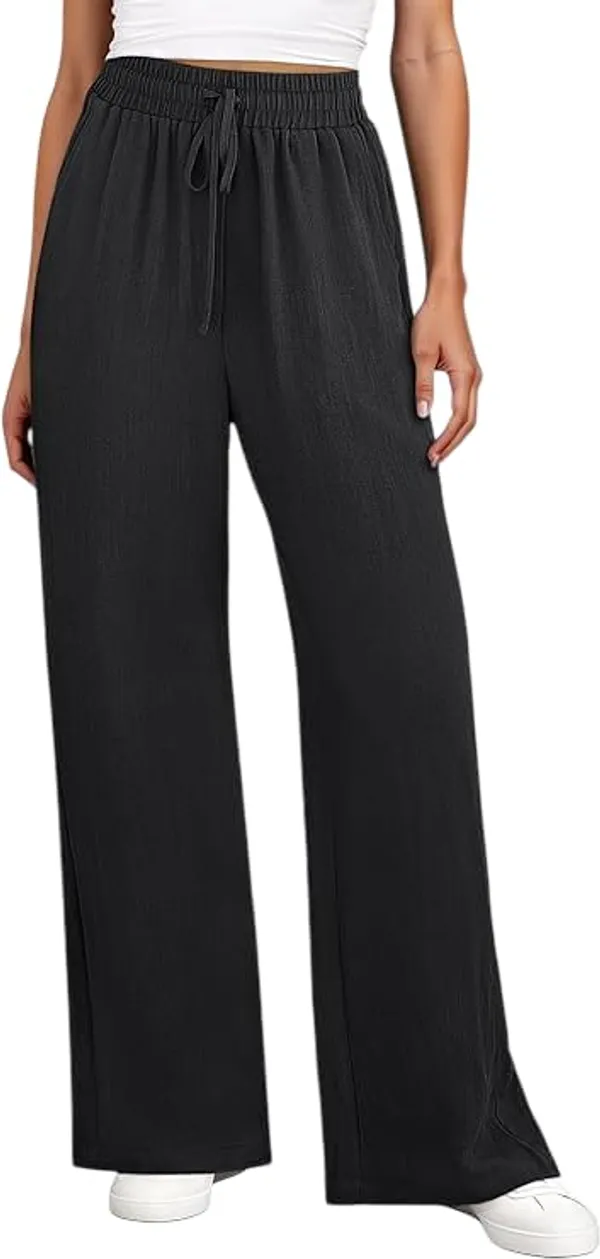 Alyne_Women'S_Wide_Leg_Palazzo_Pants:_Casual_Look_High_Waisted_Trousers_For_Year-Round_Wear_-_Loose_Flowy_Textured_Lounge_Pants_With_Pockets,_Elastic_Drawstring_Waist_Black