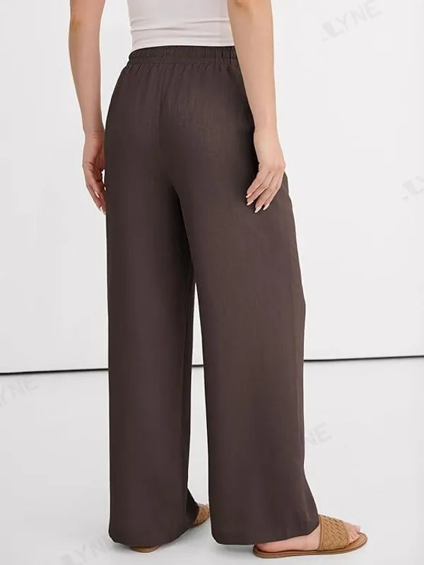 Alyne_Women'S_Wide_Leg_Palazzo_Pants:_Casual_Look_High_Waisted_Trousers_For_Year-Round_Wear_-_Loose_Flowy_Textured_Lounge_Pants_With_Pockets,_Elastic_Drawstring_Waist_Brown