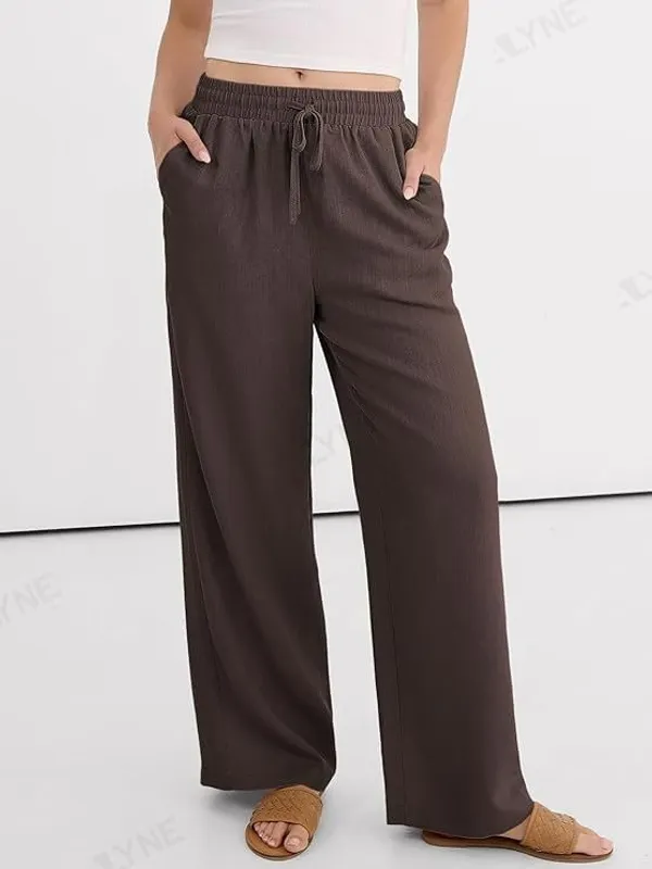 Alyne_Women'S_Wide_Leg_Palazzo_Pants:_Casual_Look_High_Waisted_Trousers_For_Year-Round_Wear_-_Loose_Flowy_Textured_Lounge_Pants_With_Pockets,_Elastic_Drawstring_Waist_Brown