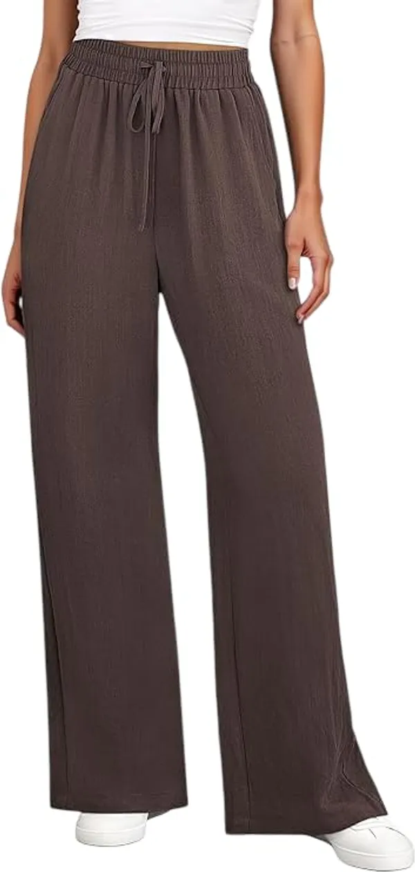 Alyne_Women'S_Wide_Leg_Palazzo_Pants:_Casual_Look_High_Waisted_Trousers_For_Year-Round_Wear_-_Loose_Flowy_Textured_Lounge_Pants_With_Pockets,_Elastic_Drawstring_Waist_Brown