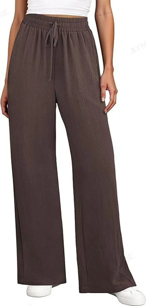 Alyne_Women'S_Wide_Leg_Palazzo_Pants:_Casual_Look_High_Waisted_Trousers_For_Year-Round_Wear_-_Loose_Flowy_Textured_Lounge_Pants_With_Pockets,_Elastic_Drawstring_Waist_Brown