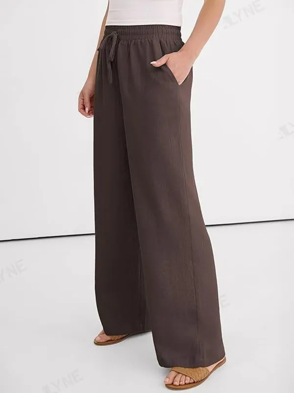 Alyne_Women'S_Wide_Leg_Palazzo_Pants:_Casual_Look_High_Waisted_Trousers_For_Year-Round_Wear_-_Loose_Flowy_Textured_Lounge_Pants_With_Pockets,_Elastic_Drawstring_Waist_Brown