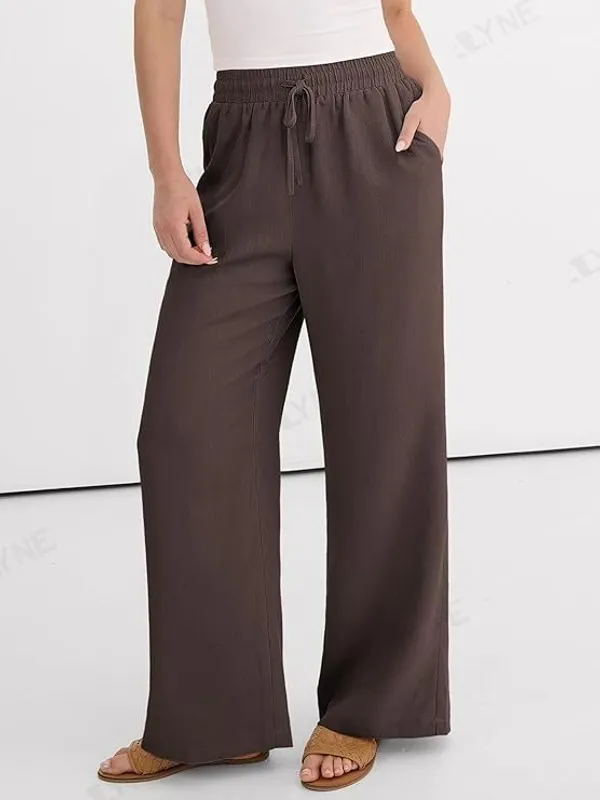 Alyne_Women'S_Wide_Leg_Palazzo_Pants:_Casual_Look_High_Waisted_Trousers_For_Year-Round_Wear_-_Loose_Flowy_Textured_Lounge_Pants_With_Pockets,_Elastic_Drawstring_Waist_Brown
