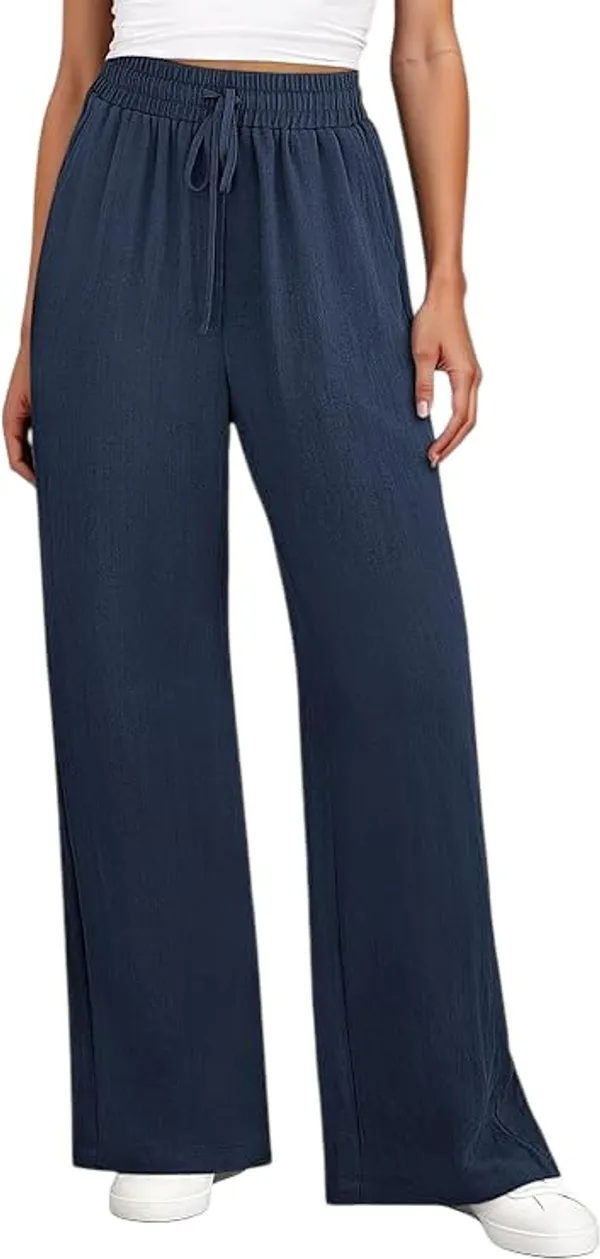 Alyne_Women'S_Wide_Leg_Palazzo_Pants:_Casual_Look_High_Waisted_Trousers_For_Year-Round_Wear_-_Loose_Flowy_Textured_Lounge_Pants_With_Pockets,_Elastic_Drawstring_Waist_Navy