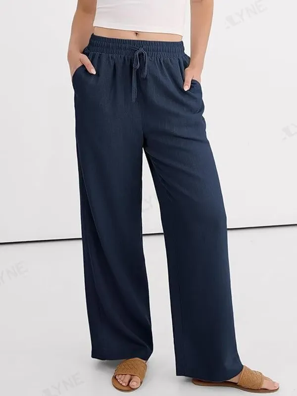 Alyne_Women'S_Wide_Leg_Palazzo_Pants:_Casual_Look_High_Waisted_Trousers_For_Year-Round_Wear_-_Loose_Flowy_Textured_Lounge_Pants_With_Pockets,_Elastic_Drawstring_Waist_Navy