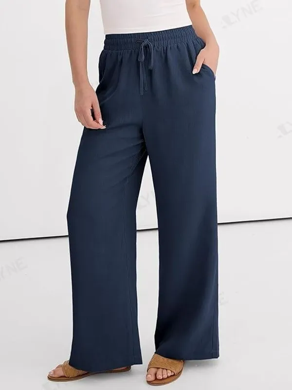 Alyne_Women'S_Wide_Leg_Palazzo_Pants:_Casual_Look_High_Waisted_Trousers_For_Year-Round_Wear_-_Loose_Flowy_Textured_Lounge_Pants_With_Pockets,_Elastic_Drawstring_Waist_Navy