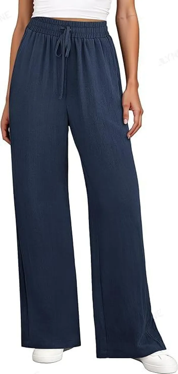 Alyne_Women'S_Wide_Leg_Palazzo_Pants:_Casual_Look_High_Waisted_Trousers_For_Year-Round_Wear_-_Loose_Flowy_Textured_Lounge_Pants_With_Pockets,_Elastic_Drawstring_Waist_Navy