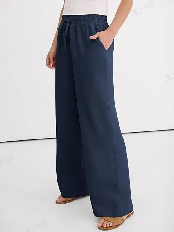 Alyne_Women'S_Wide_Leg_Palazzo_Pants:_Casual_Look_High_Waisted_Trousers_For_Year-Round_Wear_-_Loose_Flowy_Textured_Lounge_Pants_With_Pockets,_Elastic_Drawstring_Waist_Navy