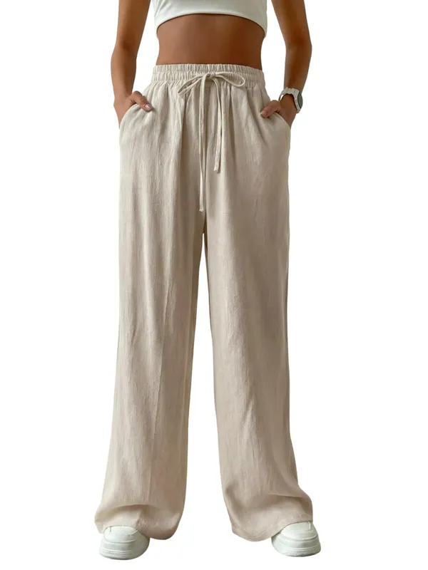 Alyne_Women'S_Wide_Leg_Pants_High_Waisted_Linen_Look_Textured_Blend_Drawstring_Palazzo_Trousers_With_Pockets_Casual_Relaxed_Fit_Flowy_Soft_Comfort_Long_Pants_Sand_Beige