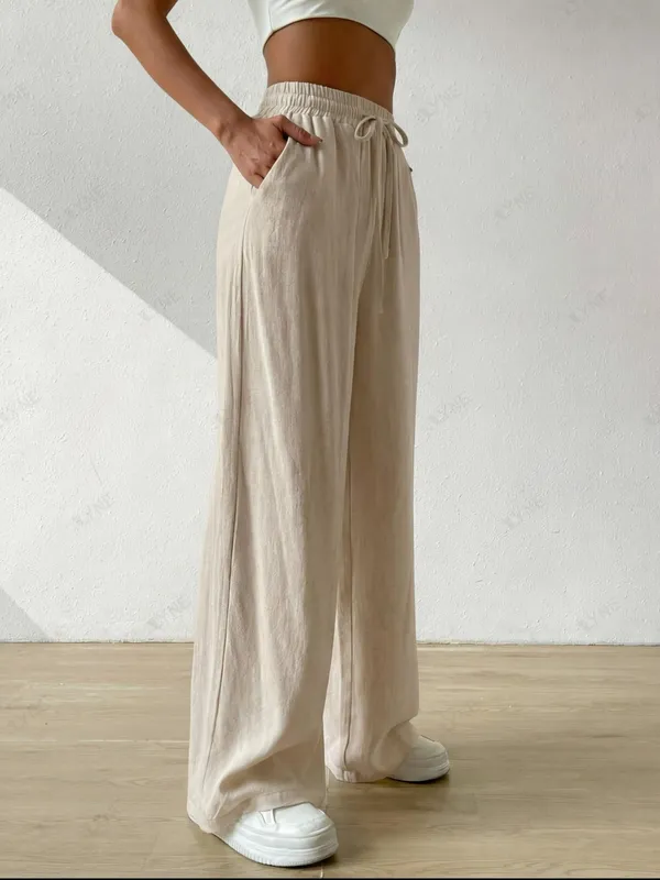 Alyne_Women'S_Wide_Leg_Pants_High_Waisted_Linen_Look_Textured_Blend_Drawstring_Palazzo_Trousers_With_Pockets_Casual_Relaxed_Fit_Flowy_Soft_Comfort_Long_Pants_Sand_Beige